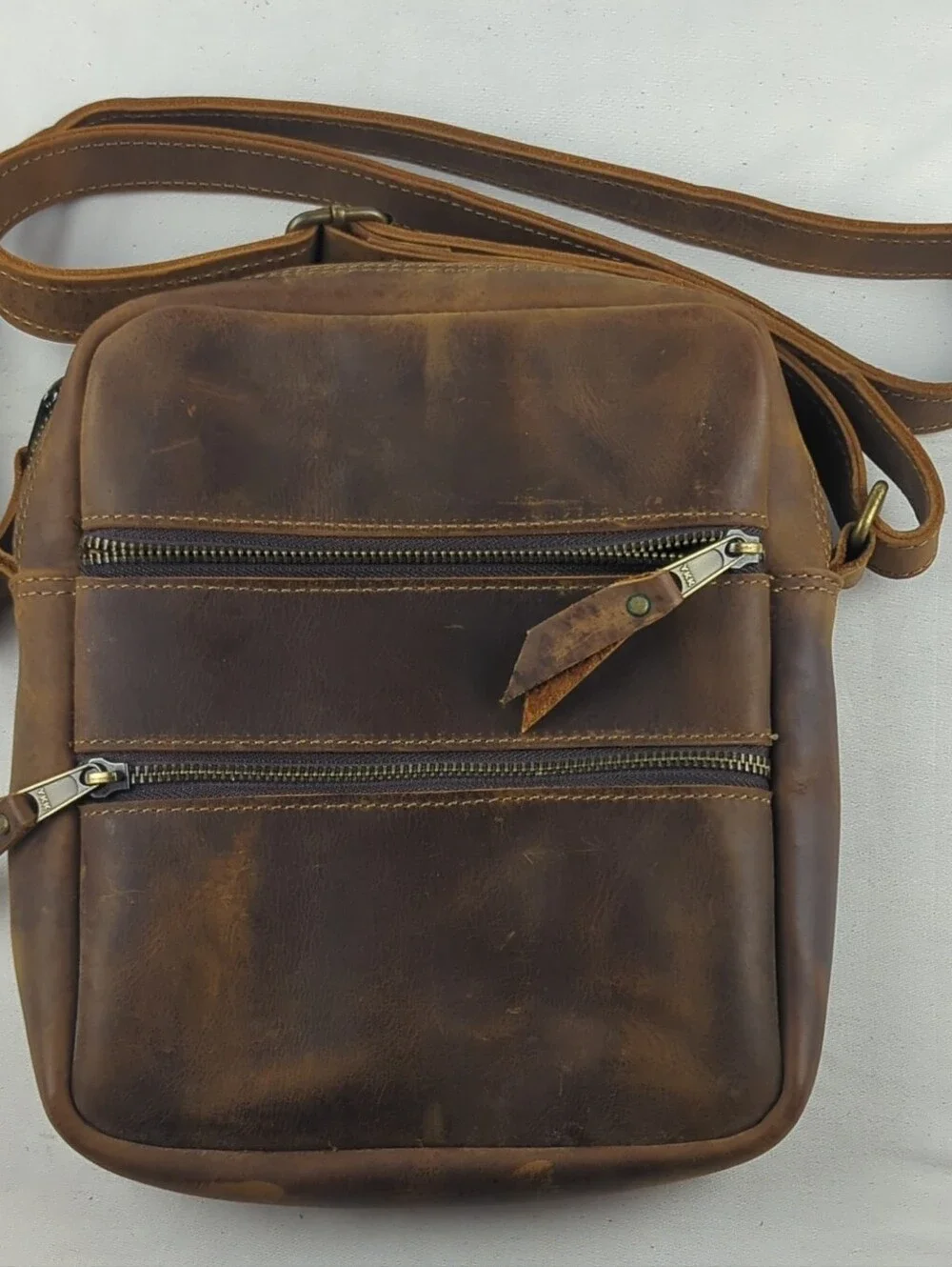 Men's Leather Crossbody Bag in Distressed Brown YKK Zippers